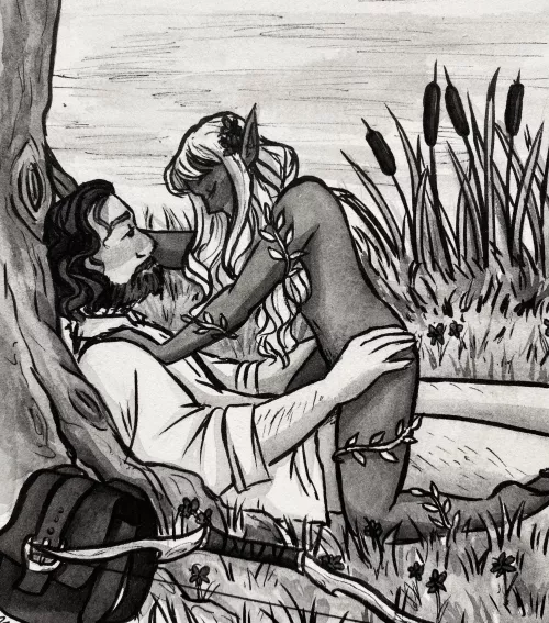 A forest nymph stumbles across an adventurer resting by the lakeside (art by me)