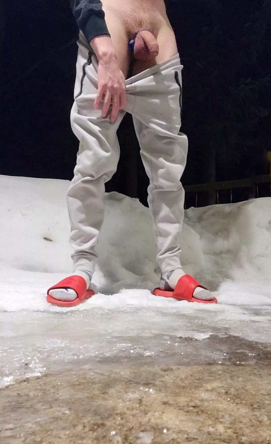 best attire for a late night grocery store run... grey sweats, commando and a cock ring. here's the obligatory sidewalk shot, enjoy.