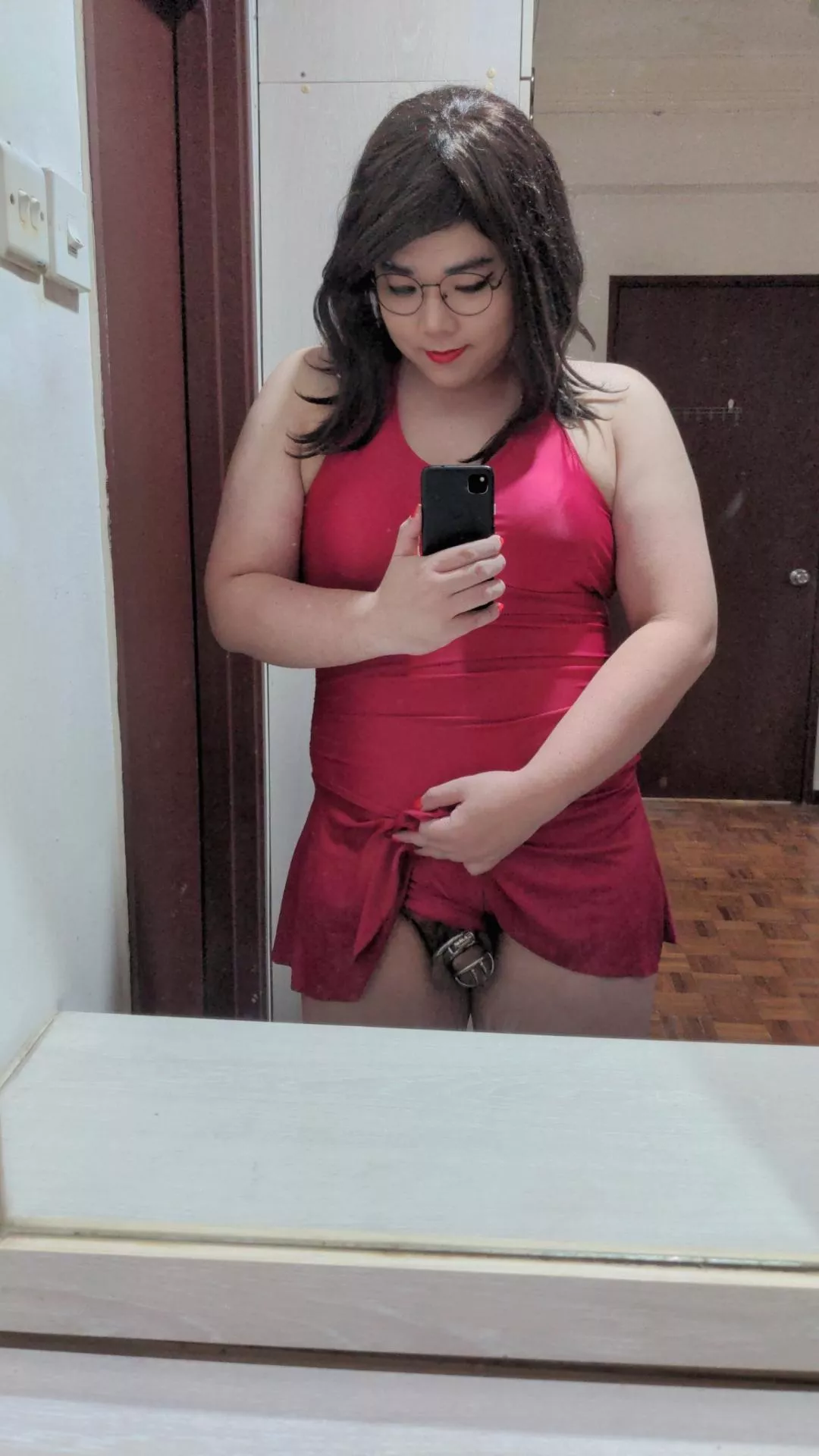 Cage good in controlling hard on while in swimsuit.