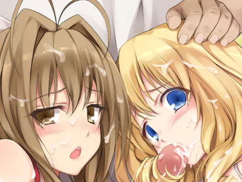 Color: 1boy, 2girls, antenna hair, bare shoulder, bikini strap, blonde hair, blowjob/fellatio, blue eyes, blush, bra strap, brown hair, close up, cum on hair, face, facial, hair intakes, hairjob, hand on another's head, looking at viewer, open mouth, or Color: 1boy, 2girls, antenna hair, bare shoulder, bikini strap, blonde hair, blowjob/fellatio, blue eyes, blush, bra strap, brown hair, close up, cum on hair, face, facial, hair intakes, hairjob, hand on another's head, looking at viewer, open mouth, or
