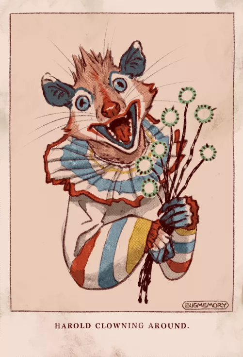 Harold Clowning Around (a new vintage-style illustration of my opossum character!)