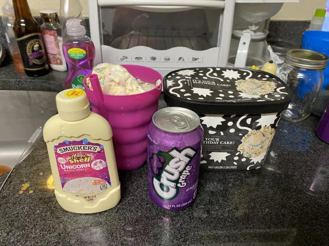 I made a Princess Float! Grape soda, Birthday cake icecream, and unicorn magic shell. Will report back on how it tastes.