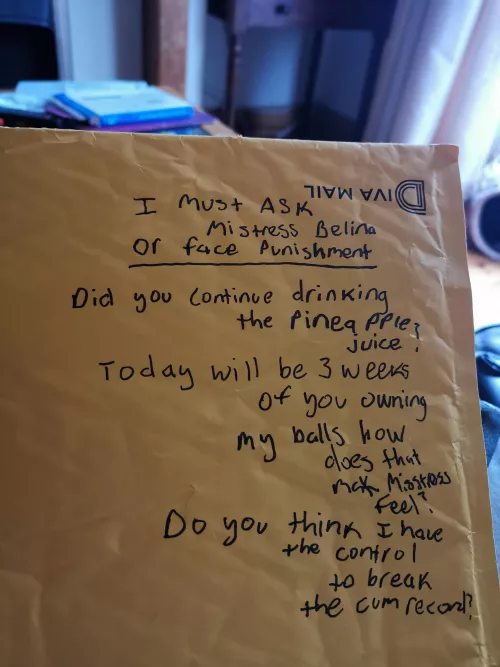 I must ask My Mistress Belinas permission or face punishment through ass stretching and spanking