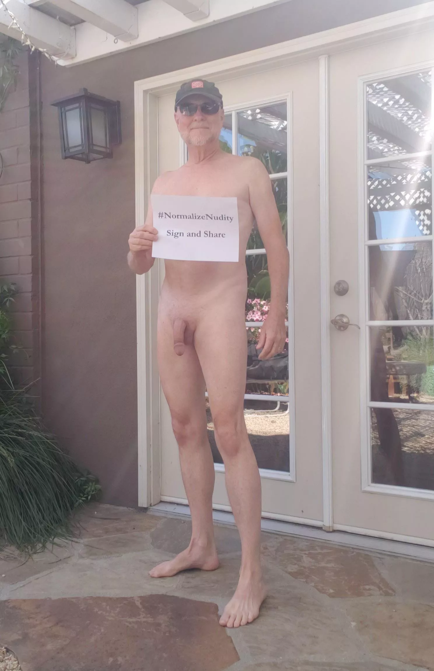 It took me until my 50s to stop being self-conscious about my slender body and skinny arms. Exercising more helped a bit but it was mostly in my head. My advice - love yourself now! (The sign was for a Twitter pro-nudity campaign) It took me until my 50s to stop being self-conscious about my slender body and skinny arms. Exercising more helped a bit but it was mostly in my head. My advice - love yourself now! (The sign was for a Twitter pro-nudity campaign)