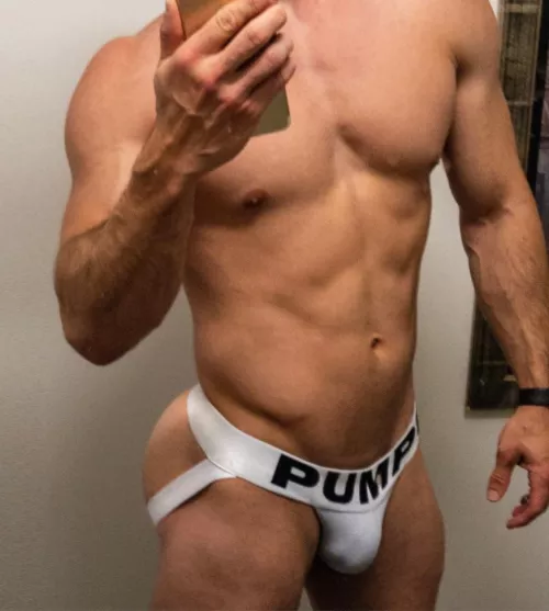 Jock in a jockstrap. Pump’d is exactly what happened to me shortly after this pic was taken. 😈