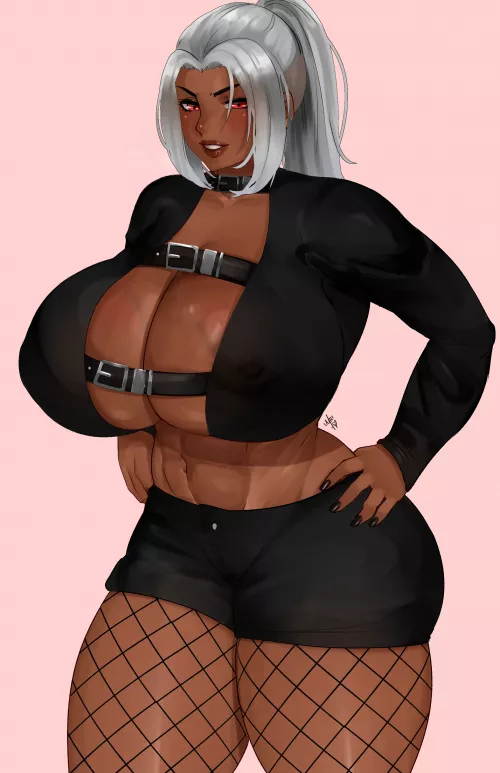 LF COLOR SOURCE: 1girl, dark skin, large breasts, white hair, muscle, midriff, shorts, red eyes, thick thighs,