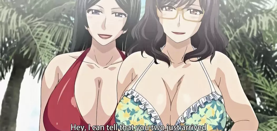 LF Color Source: 2girls, brown hair, black hair, glasses, big breasts, swimsuit, “Hey, I can tell that you two just arrived”