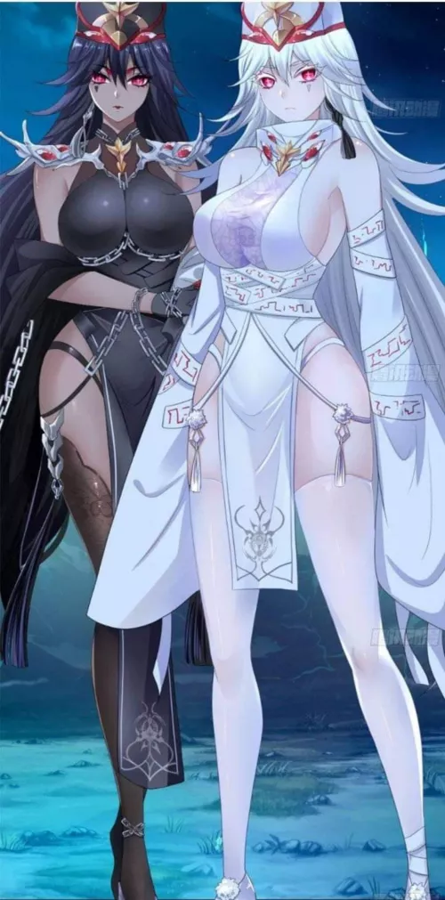 LF Color Source: 2girls, dark skin, white hair, black hair, breasts, red eyes, hat, chinese dress, long sleeves, chain, black thighhigh, white thighhigh, side boobs, outdoor