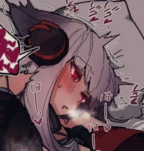 LF COLOR SOURCE: breath, open mouth, heart, blushing, red eyes, implied sex, ear muffs, head ornaments, 1girl, foreign text