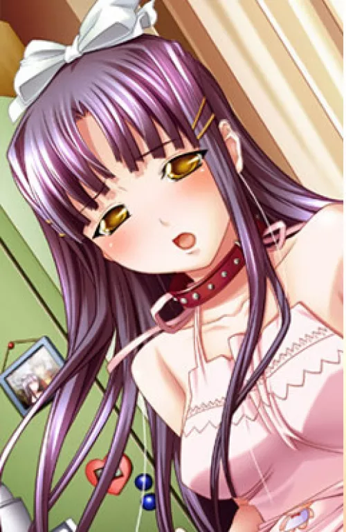 LF COLOR SOURCE: collar, yellow eyes, purple hair, ribbon, pink dress, white skin, open mouth, long hair, 1girl