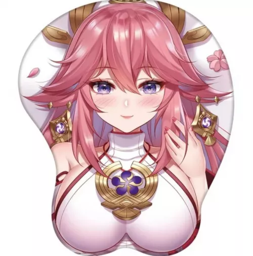 LF Color Source: yae miko, genshin impact, lying, hand on hair, breasts, looking at viewer