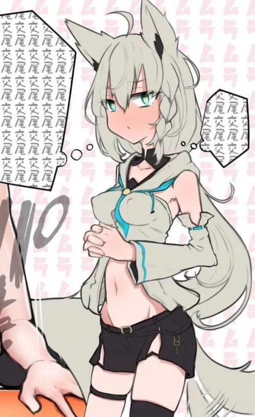 lf color source,1girl,white hair,tail,foreign language