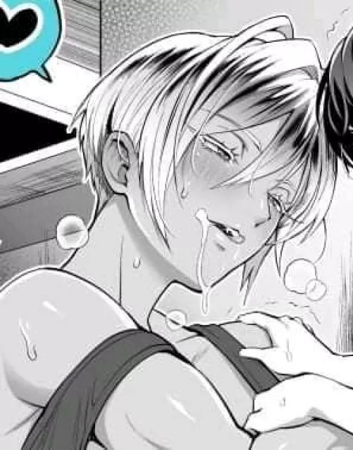 LF Mono Source: 1girl, 1boy, dark skin, white hair, black hair, heart in dialogue bubble, cum on mouth, panting