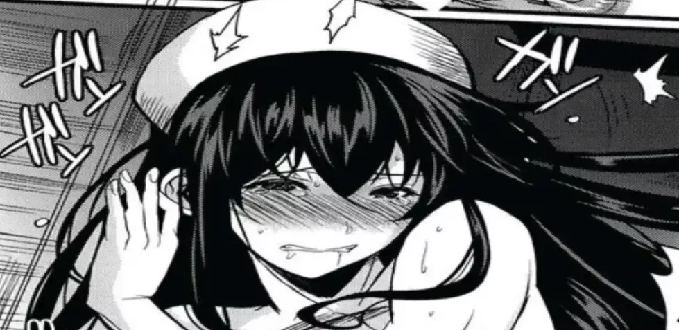 LF mono source: 1girl, dark hair, nurse, blush, tears, leaning on wall, long hair, sfx, hair between eyes, sweating.