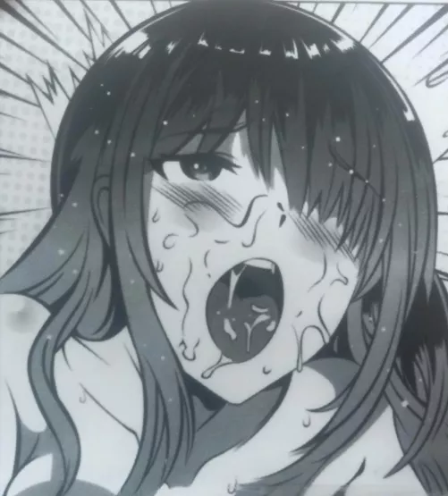 LF Mono Source: 1girl, face focused, black hair, long hair, hair between eyes, blushing, sweating, eyes open, mouth open, saliva, drooling, hair over one eye