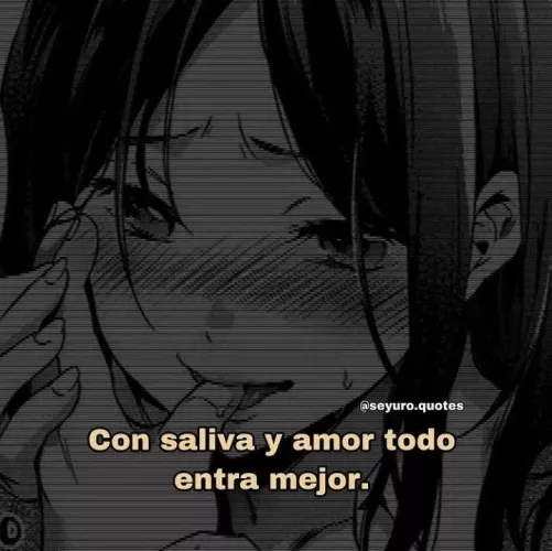LF Mono Source: Meme, Foreign Text, Spanish Text, “Con saliva y amor todo entra mejor.” , Black hair, Blushing, Long hair, Hair on face, Biting, Biting finger, Sweat,