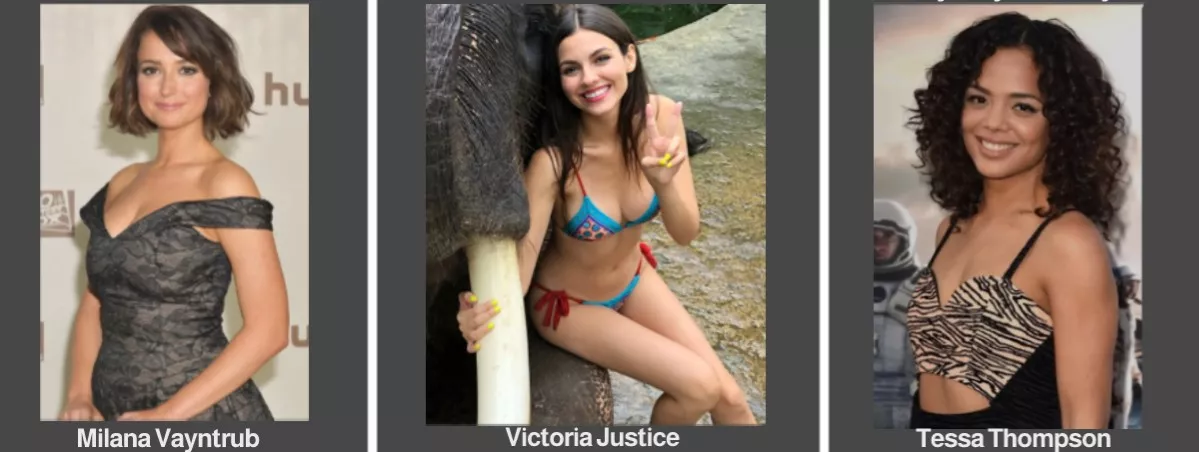 Milana Vayntrub vs. Victoria Justice vs. Tessa Thompson