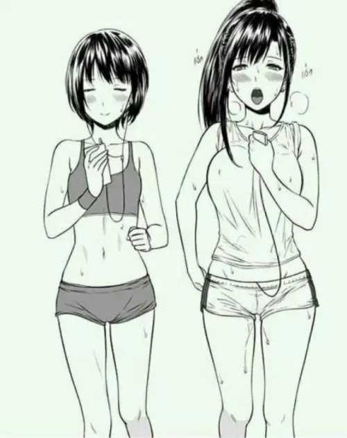Mono 2girls, bare shoulders, breath, buruma, cameltoe, closed eyes, clothed, earphones, flat chest, large bouncing breasts, open mouth, ponytail, pussy juice, running/jogging, short/long black hair, shorts, smartphone/phone, sports bra, sportswear, sweat
