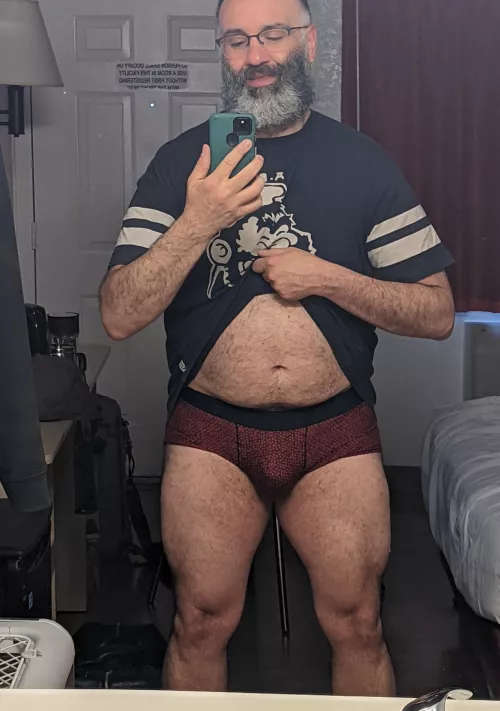 Motel mirror making the thighs look good! Bulge, too!