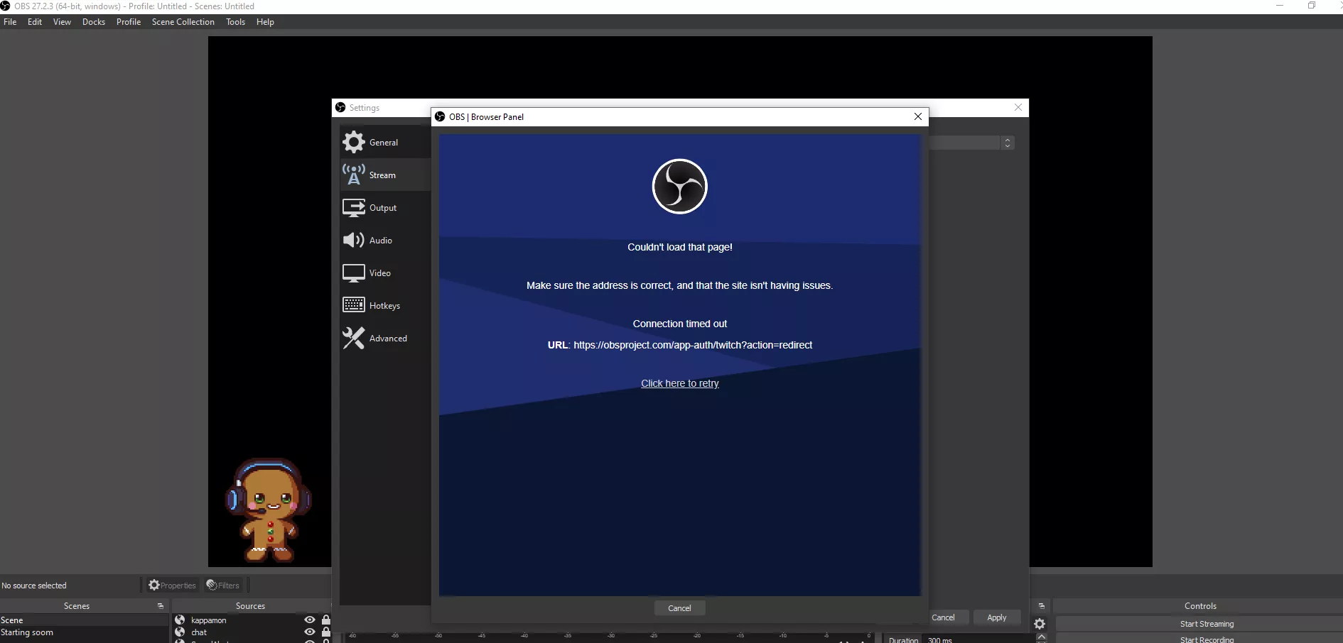 Obs unable to connect to twitch
