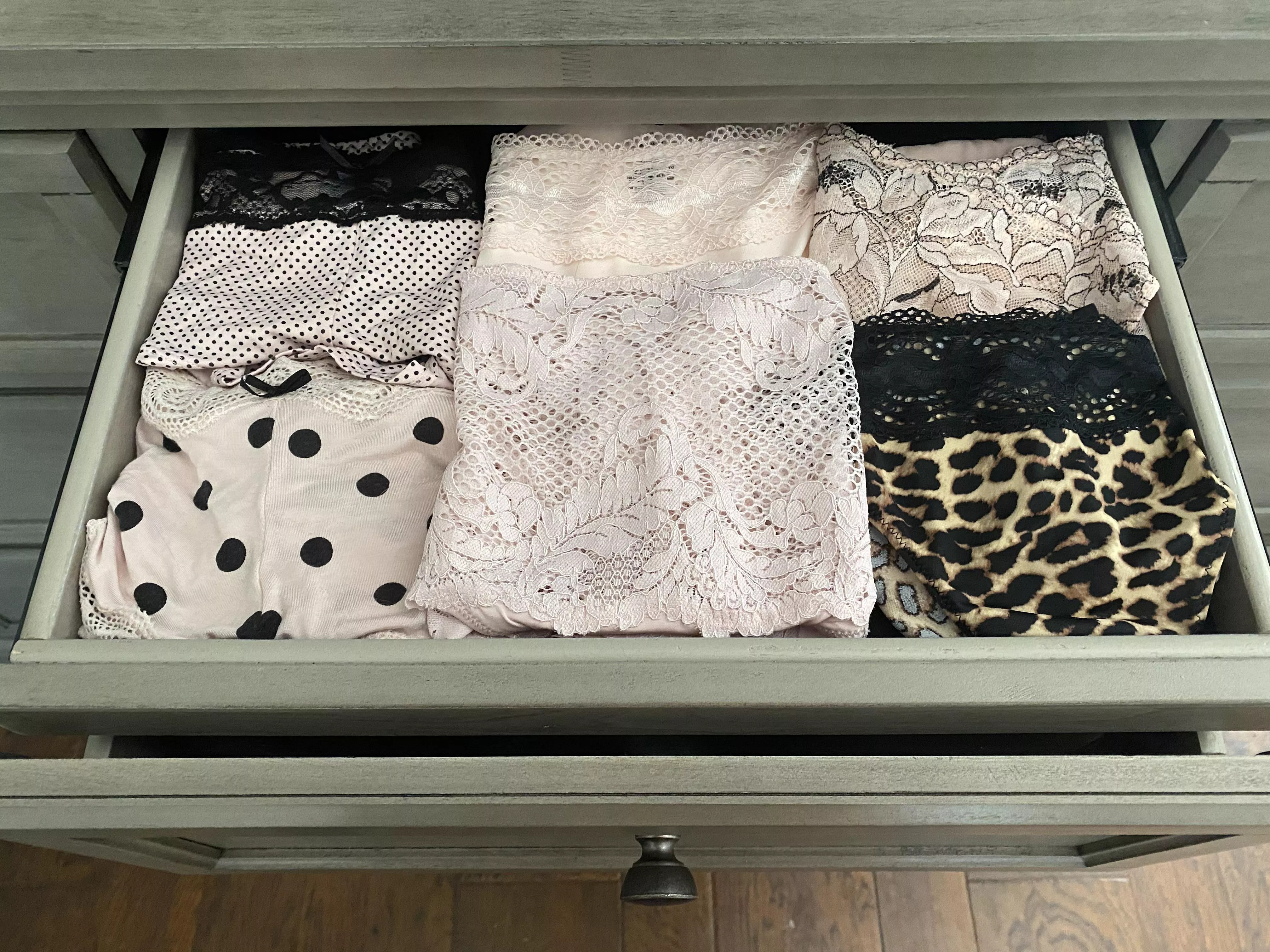 So my wife and I bought new bedroom furniture and the salesman was nice enough to show me a shallow hidden drawer inside of a drawer. She doesn’t know about it. It’s inside of her lingerie drawer and it’s where I store my panties that she doesn’t So my wife and I bought new bedroom furniture and the salesman was nice enough to show me a shallow hidden drawer inside of a drawer. She doesn’t know about it. It’s inside of her lingerie drawer and it’s where I store my panties that she doesn’t