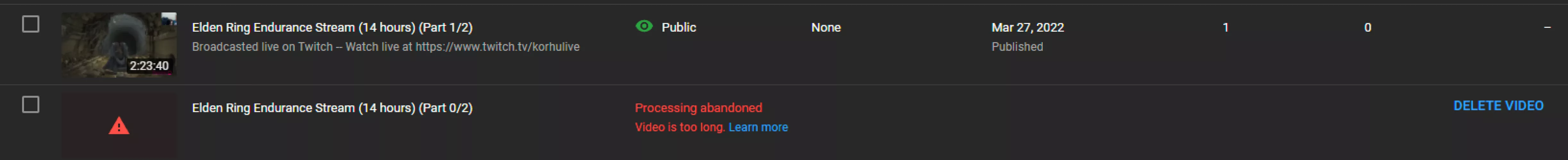 So this happened when I tired to upload my VOD to YT. for OBVIOUS reasons I dont want to split it into 15 minute videos. Is there anyway on twitch to just make it 2 seperate videos (as it seemed to try and do) or do I just have to download the wholeeeeee
