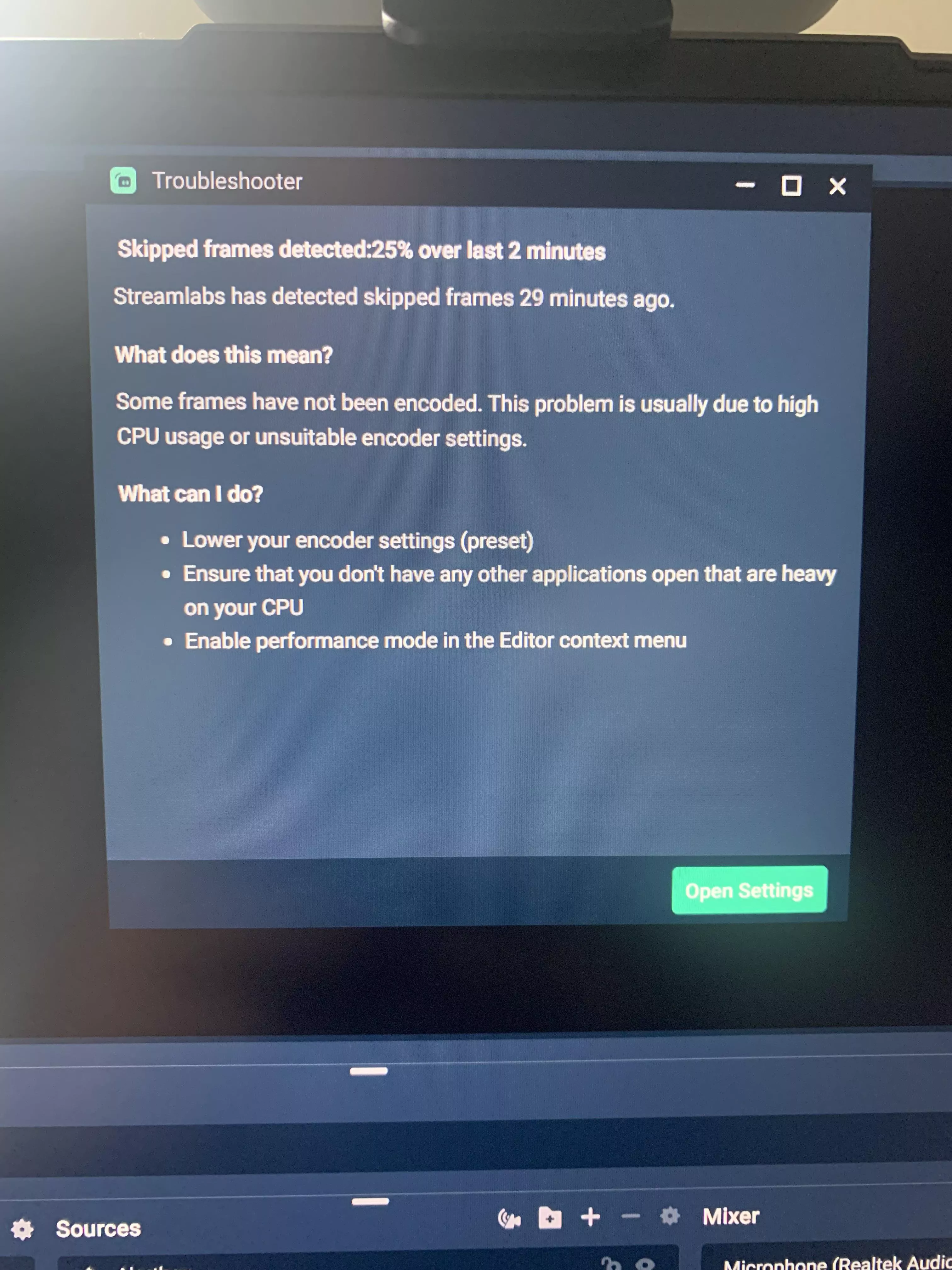 StreamLabs Performance Notifications: Skipped Frames Detected! Kinda disappointed because I spent an hour an a but recording. I’ve got a laptop but don’t know the proper metrics needed. StreamLabs Performance Notifications: Skipped Frames Detected! Kinda disappointed because I spent an hour an a but recording. I’ve got a laptop but don’t know the proper metrics needed.