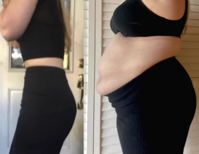 This goes out to all the aspiring feedees out there. In the first photo, my gf was thin, worked out and counted every calorie. In the next pic, from last night but in the same outfit, she had just finished something called a “meat mountain” and got s