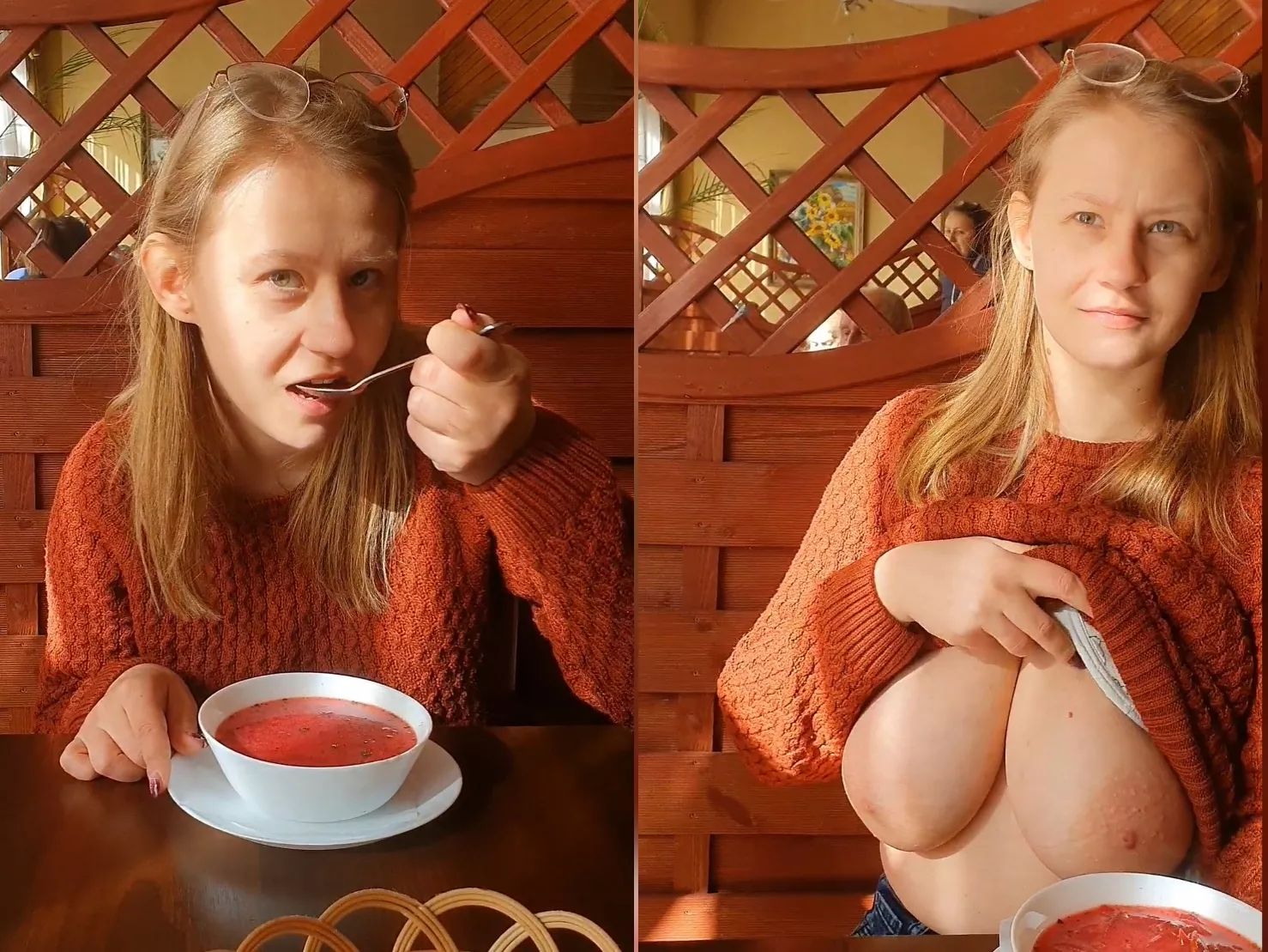 Who would have expected that this unassuming girl eating soup in a restaurant could have such hidden assets.