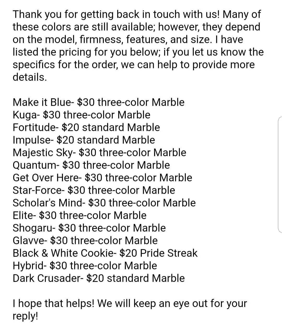 With customs likely dropping next Friday, got confirmation from CS this morning that these past colorations are still available and their prices! For all you newbies out there! With customs likely dropping next Friday, got confirmation from CS this morning that these past colorations are still available and their prices! For all you newbies out there!
