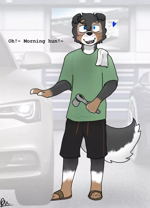 Zachary doin mechanic stuffs on his Wifey's sedan!~ cute boyyo!!~ (Art by me)