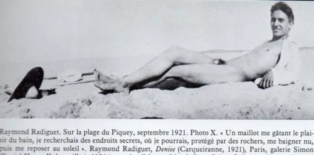 [1920s] French writer Raymond Radiguet (1903-1923) naked on beach