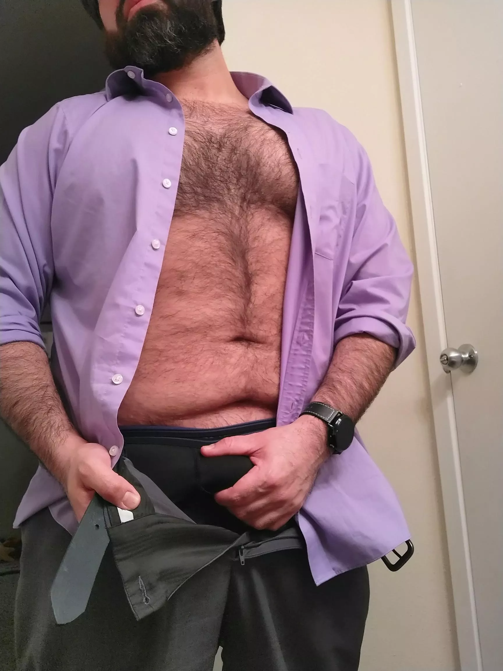 [39] chubby dad coming home from work.