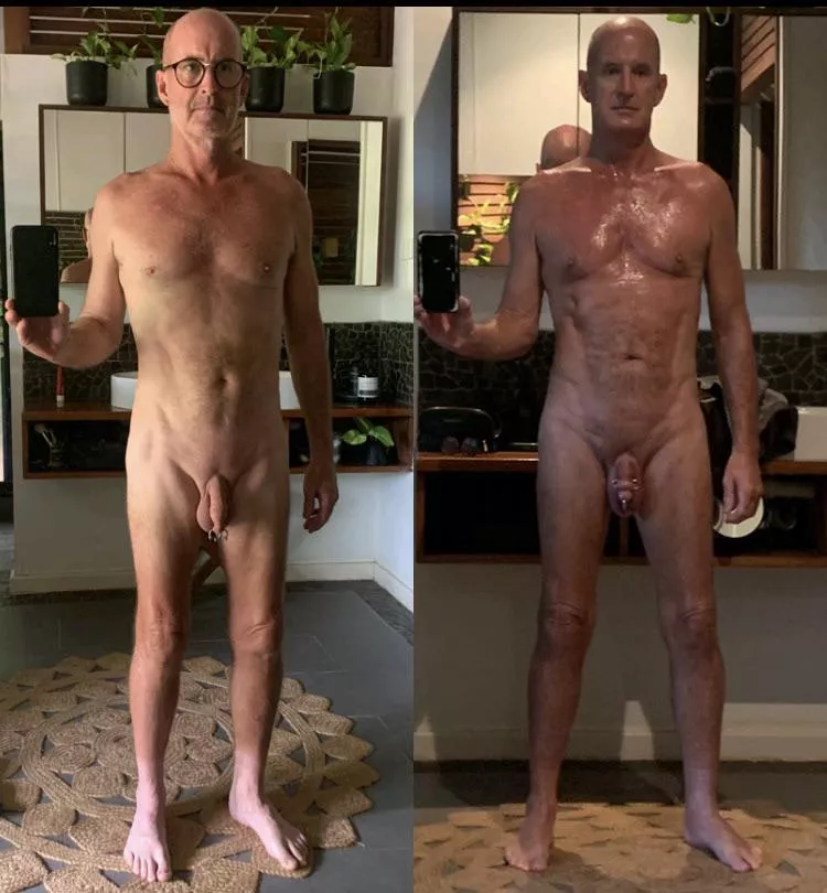(60M, 172cm, 64kg) Left side shot more the “normal” looking me. Right side shot, just out of the shower…posing 😂
