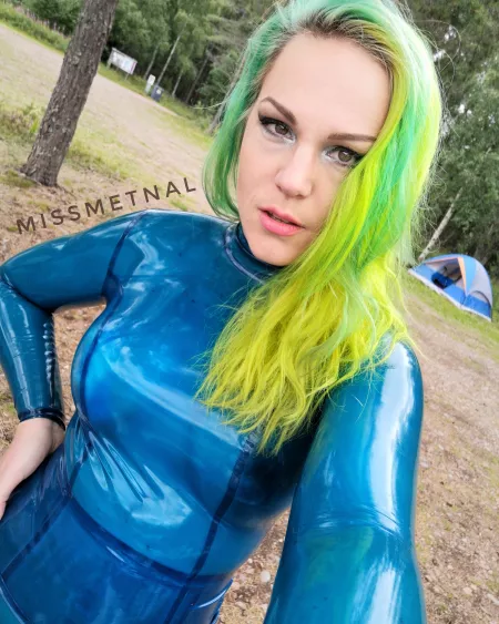 Almost ready for a shoot in this transparent blue latex dress ☀️