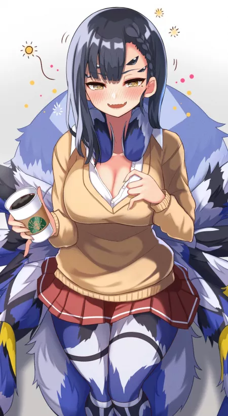 Arachne sipping coffee