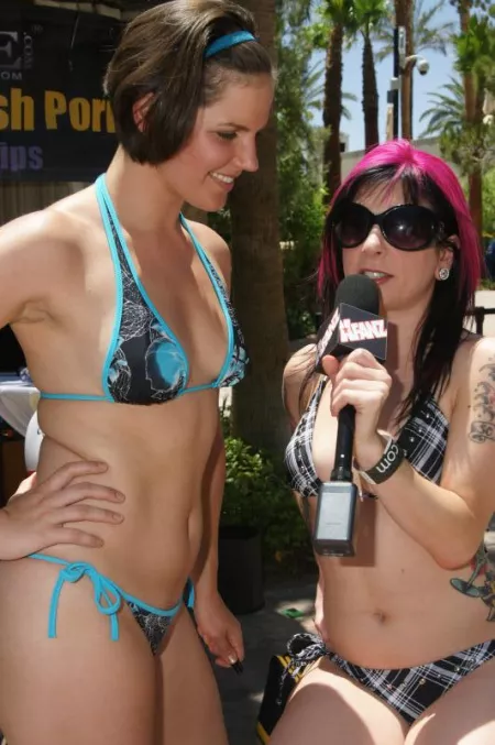 Bobbi in a blue bikini interviewed by Joanna Angel.