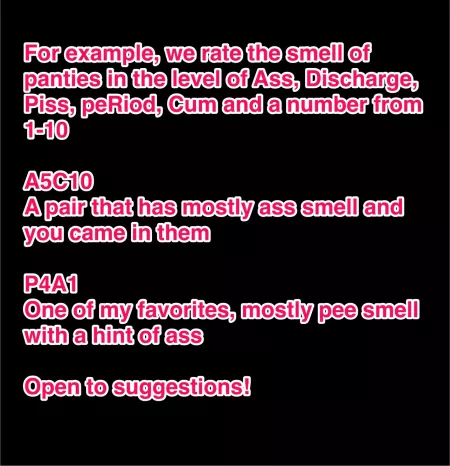 Can we create a Panty Smell Scale? I think it would be a good idea... Can we create a Panty Smell Scale? I think it would be a good idea...
