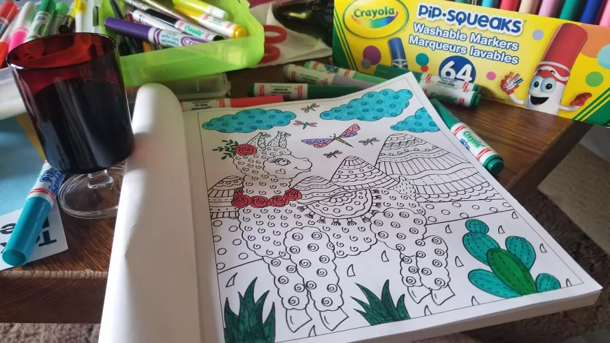 Coloring and having a special adult drink in my fancy cup, while daddy is on an important zoom call. I want attentions but I'm being patient... 🥺 no interruptions allowed this time