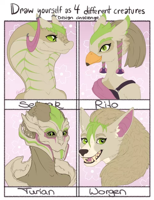 Did the four creature Template with my Mewtwo OC and changed her into a Sethrak, a Rito, a Turian and a Worgen. (art by me, @sneepydraws on Twitter) Did the four creature Template with my Mewtwo OC and changed her into a Sethrak, a Rito, a Turian and a Worgen. (art by me, @sneepydraws on Twitter)