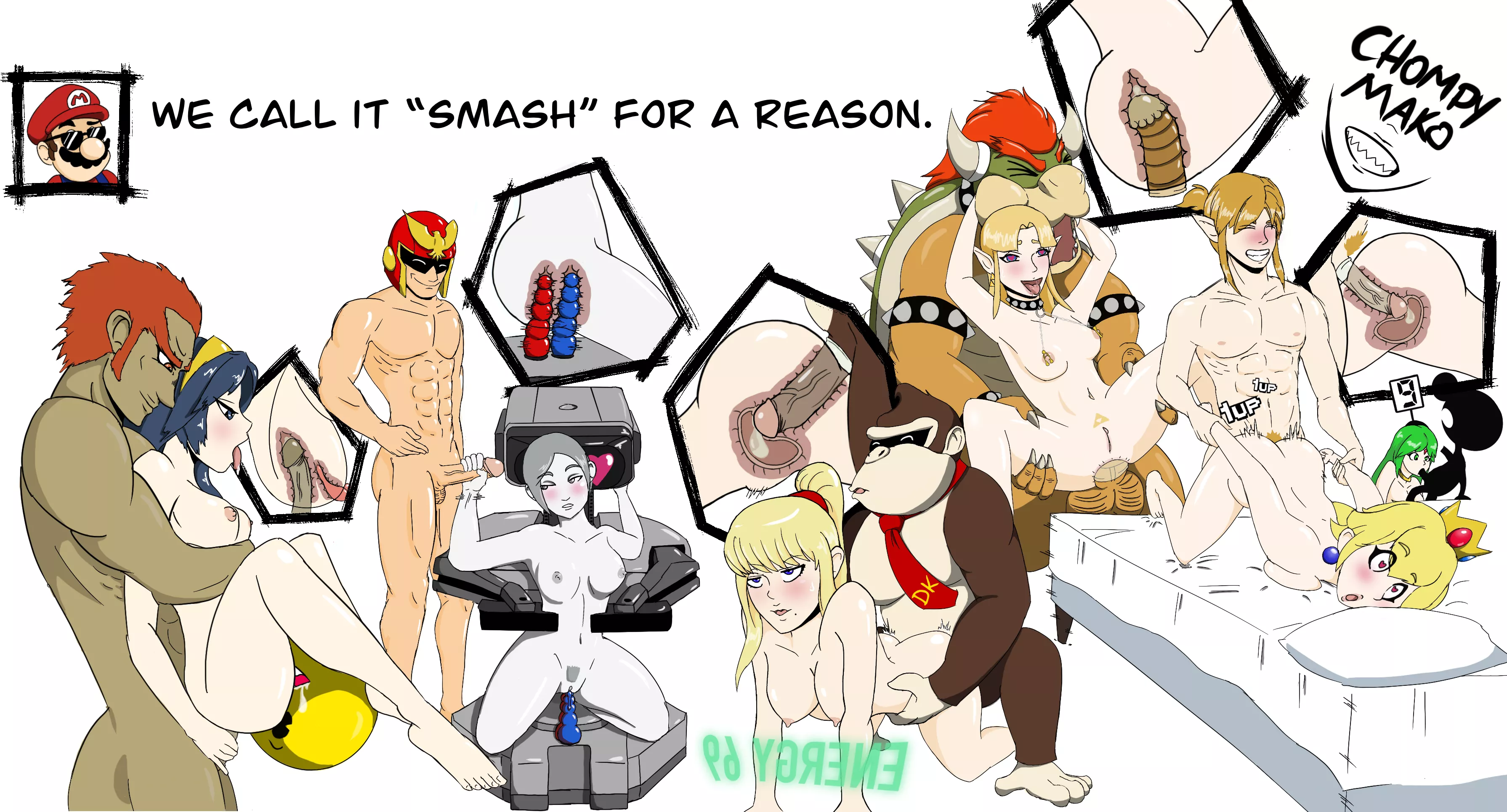 Donkey Kong, Link, Bowser, ROB, Captain Falcon, PacMan, Gannondorf, and Game n Watch, fucking: Samus, Peach, Zelda, Wii Fit Trainer, Lucina, and Palutena. (ChompyMako) OC Donkey Kong, Link, Bowser, ROB, Captain Falcon, PacMan, Gannondorf, and Game n Watch, fucking: Samus, Peach, Zelda, Wii Fit Trainer, Lucina, and Palutena. (ChompyMako) OC