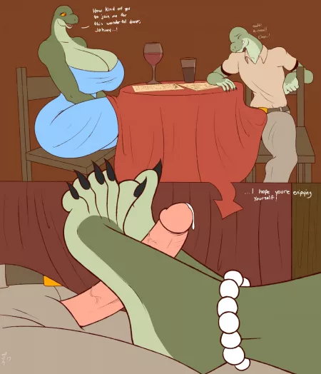 Giving son a nice footjob at a restaurant ~