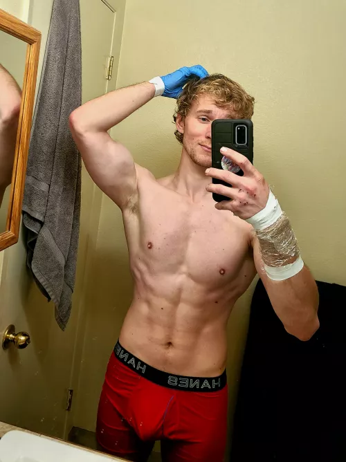 Got bit while saving a dog and now I have to find out the best way to shower like this. I could use a hand.