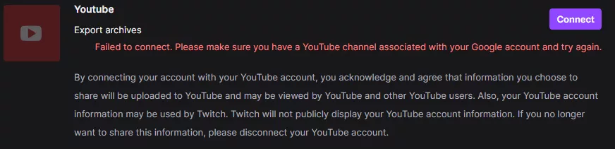 Has anyone else been having trouble exporting their VODS. im using the same email for my vod channel and twitch but it says i dont have a channel associated with the email