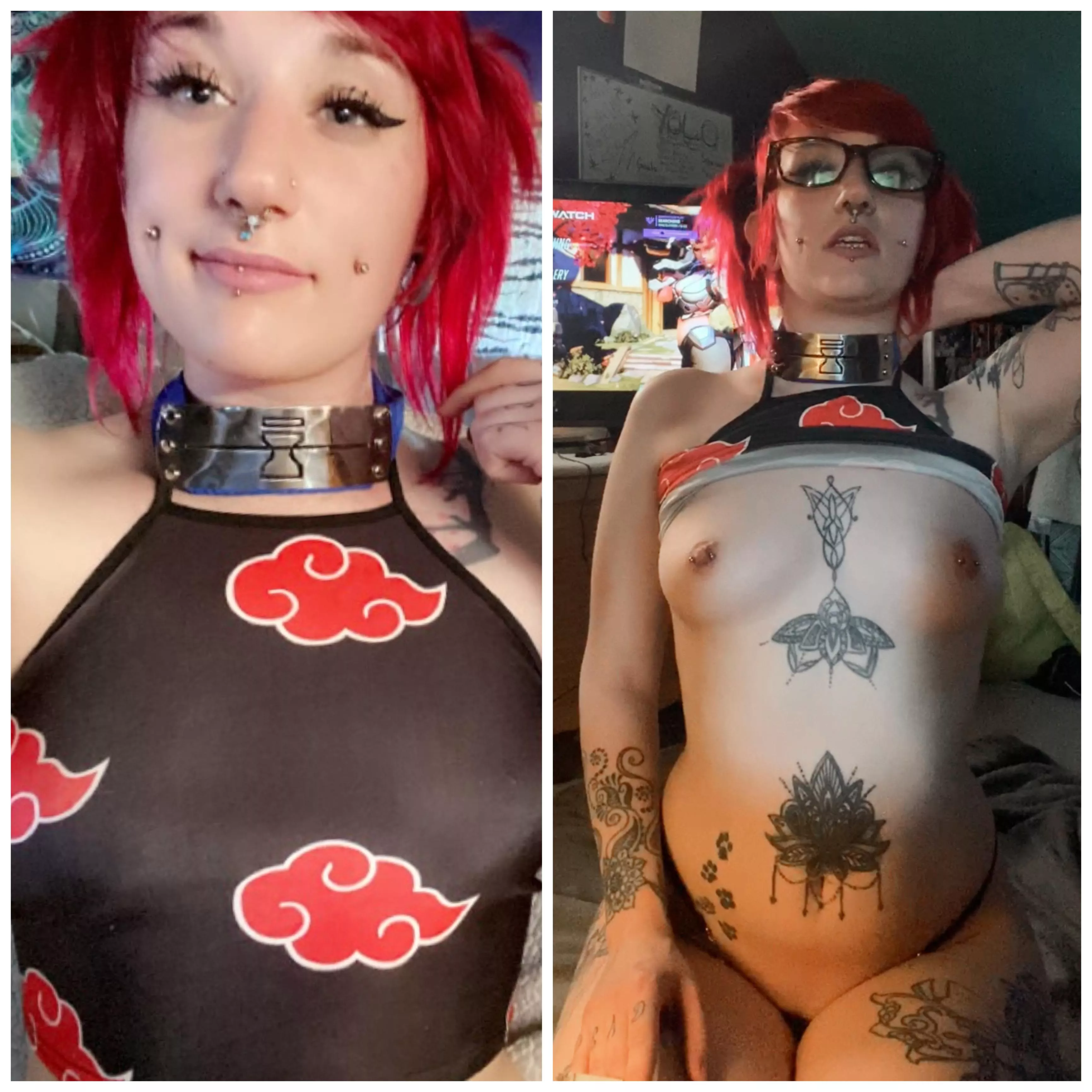 It’s super subtle, but I was going for Sasori of the Red Sand.I was playing overwatch for my OnlyFans so I left my glasses on 😩 ❤️oops