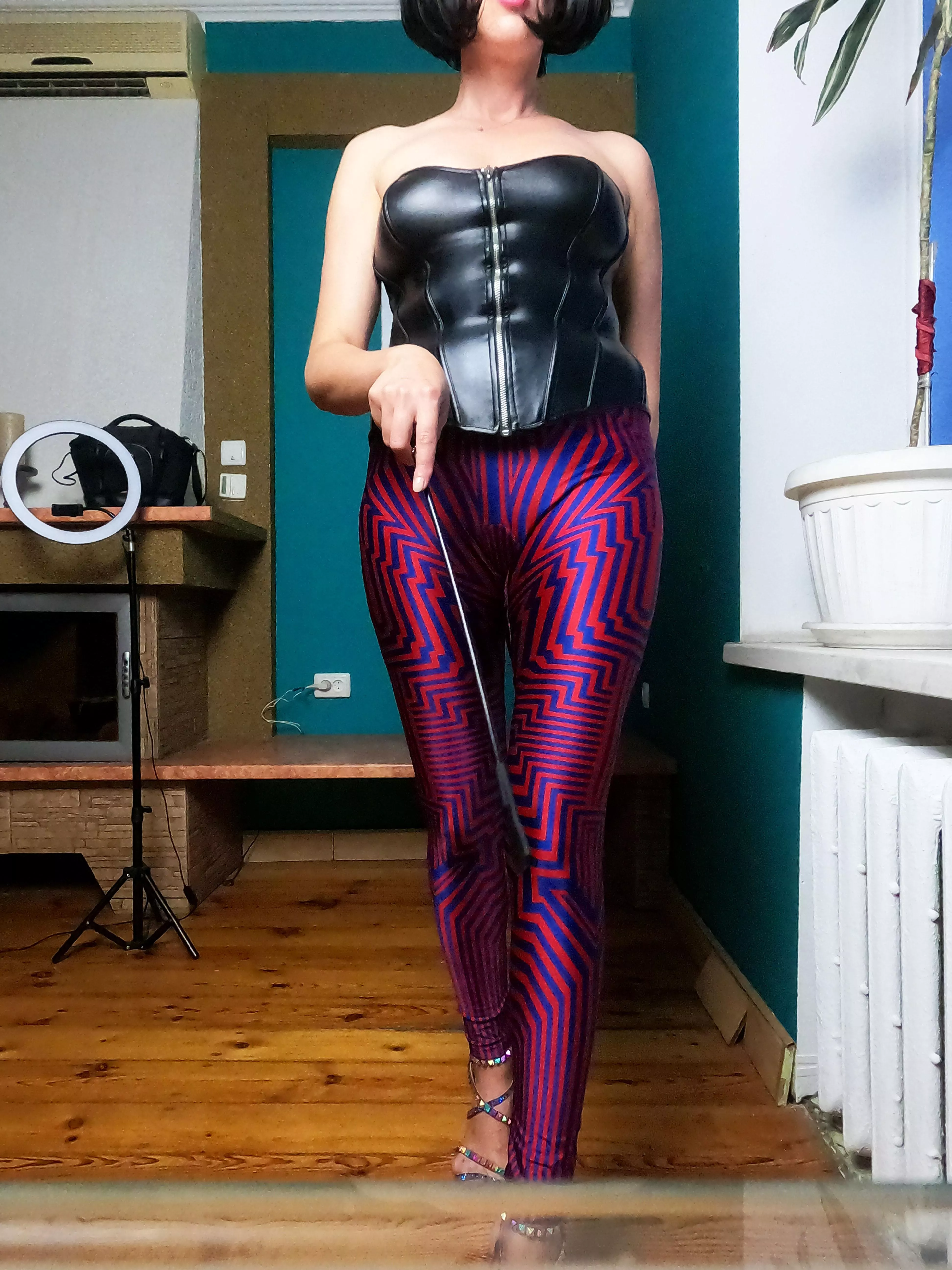 Leather corset and bright silky leggings [OC]