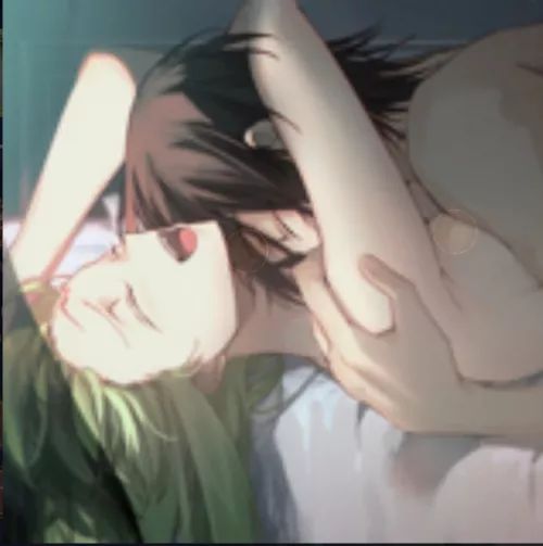 LF Color Source: 1boy ,1girl ,green hair ,brown hair ,cuddling ,naked ,light dark skin ,happy ,open mouth ,closed both eyes