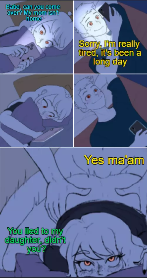 LF Color Source: 1Girl, 1Boy, Bed, Bangs, Blush, Black T-Shirt, Freckles, Phone, Lying, Red Eyes, Sex, Sex from Behind, Pillow, Text: Babe, Can you come over? My mom isn't home. Sorry, I'm really tired, it's been a long day. You lied to my daughter, d