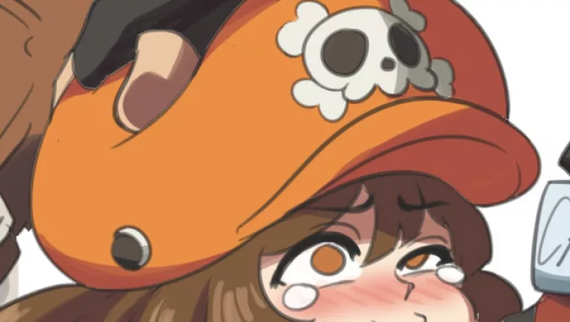 LF Color Source: 1girl, 1boy, orange hat, skull, grabbing head, blusing, tears, deep throat, BJ, brown hair, black glove, orange eyes