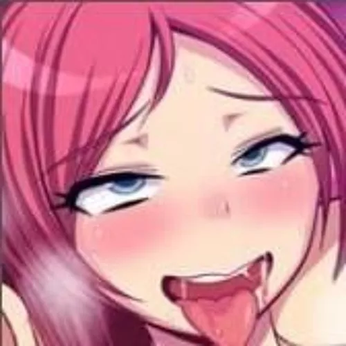 LF Color Source: 1girl, ahegao, blue eyes, blush, breath, close up, drool, eyebrows visible through hair, face, open mouth, pink/red hair, saliva trail, steam, tongue out, upper teeth